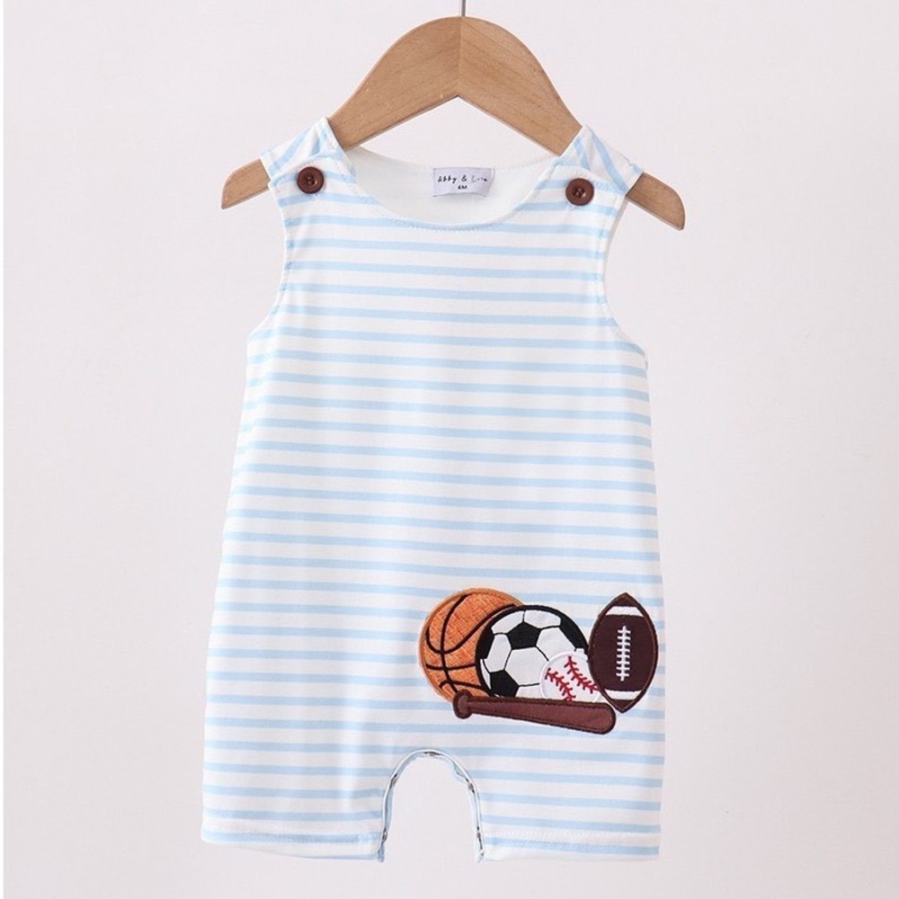 Abby & Evie Baby Romper 6M Blue White Striped Sports Applique NWT